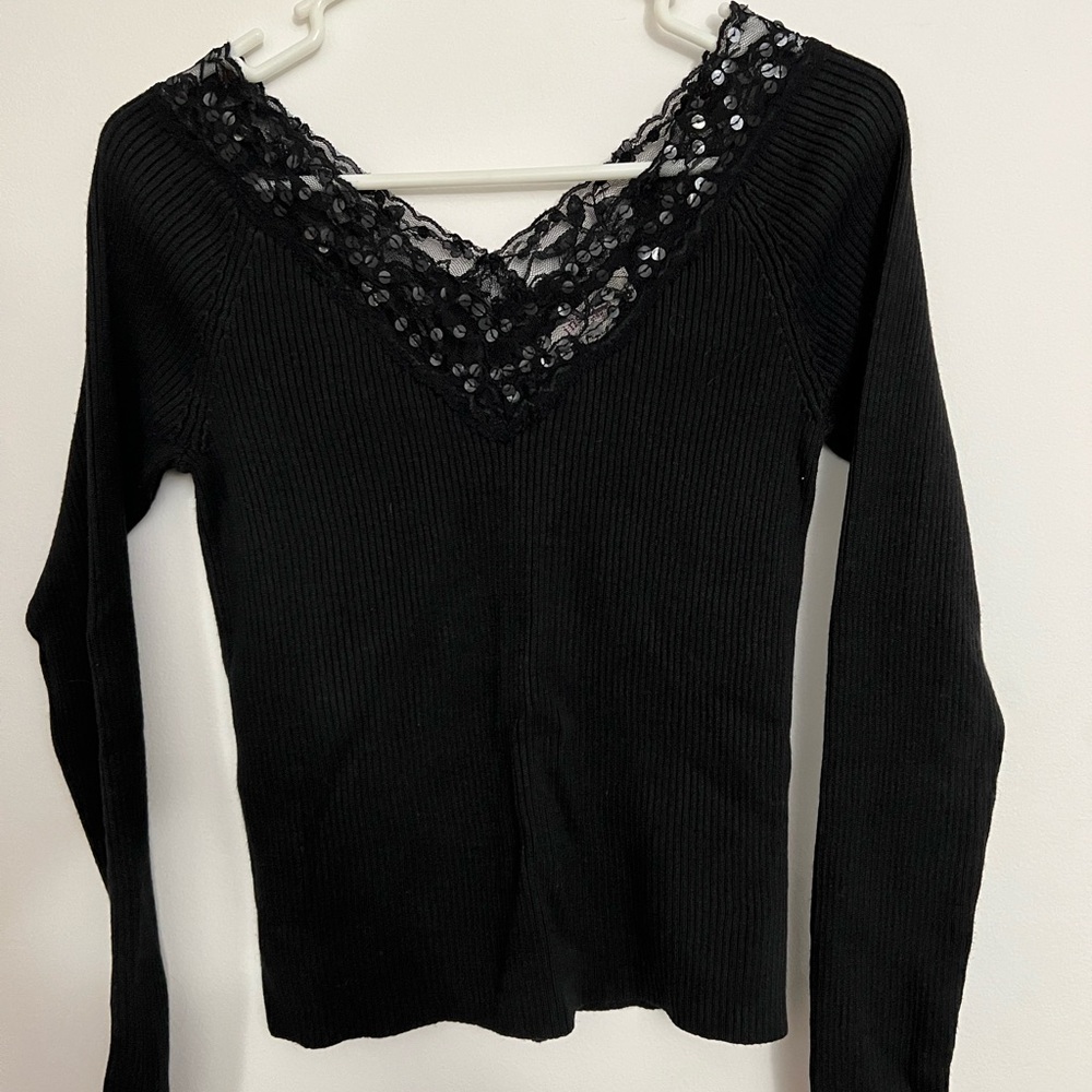 Black Lace and sequin V-Neck Sweater